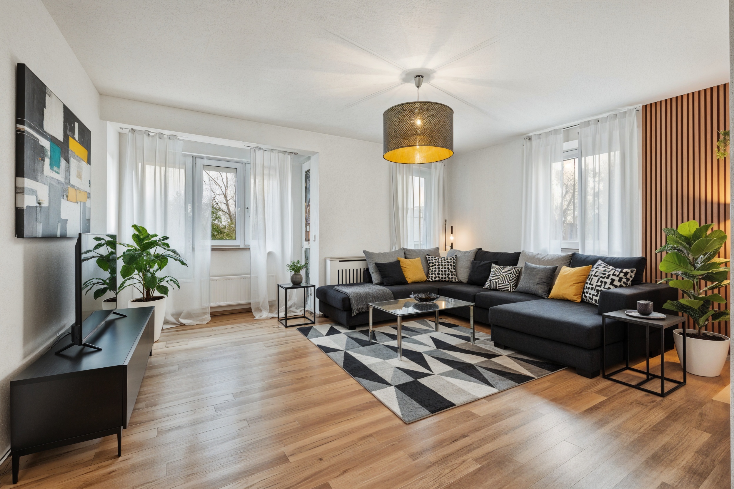 Modern eingerichtetes Wohnzimmer mit Sofa, Teppich und großen Fenstern