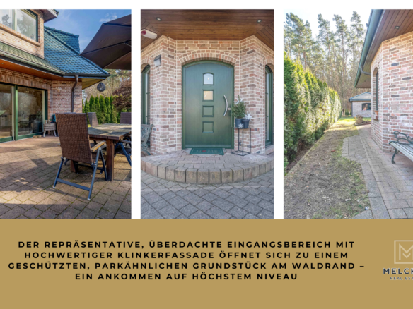 Terrasse, überdachter Eingangsbereich und Außenansicht eines Einfamilienhauses in Bernau bei Berlin mit Klinkerfassade