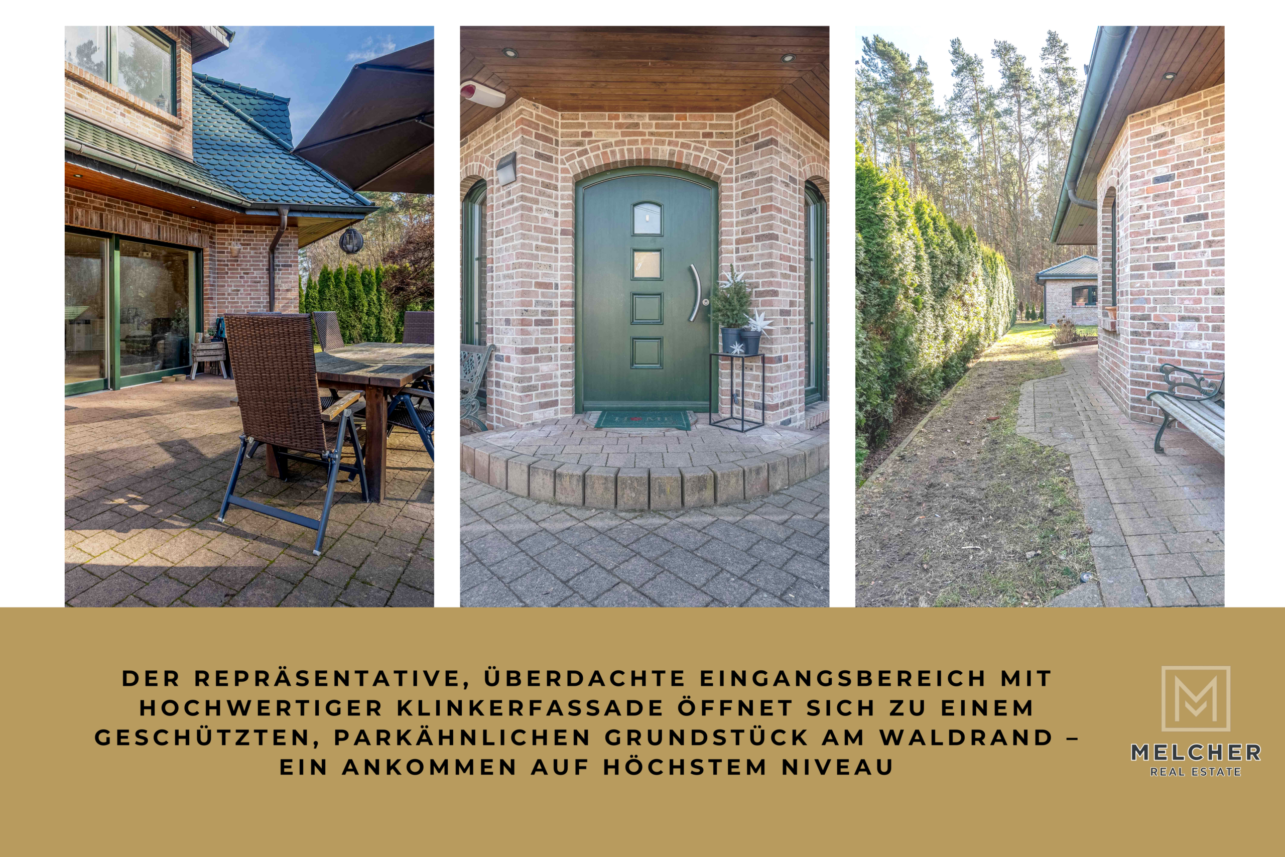 Terrasse, überdachter Eingangsbereich und Außenansicht eines Einfamilienhauses in Bernau bei Berlin mit Klinkerfassade