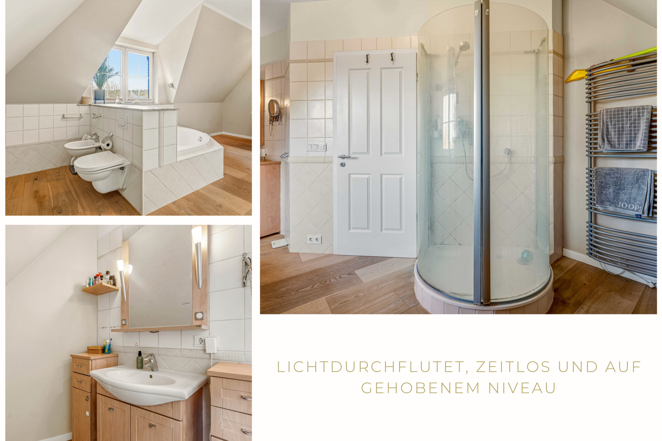 Hauptbad mit Eckbadewanne, Runddusche und Bidet in Einfamilienhaus in Bernau bei Berlin, hell und hochwertig ausgestattet