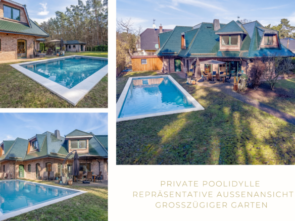 Einfamilienhaus mit privatem Pool und Garten in Bernau bei Berlin, Außenansicht in ruhiger grüner Lage