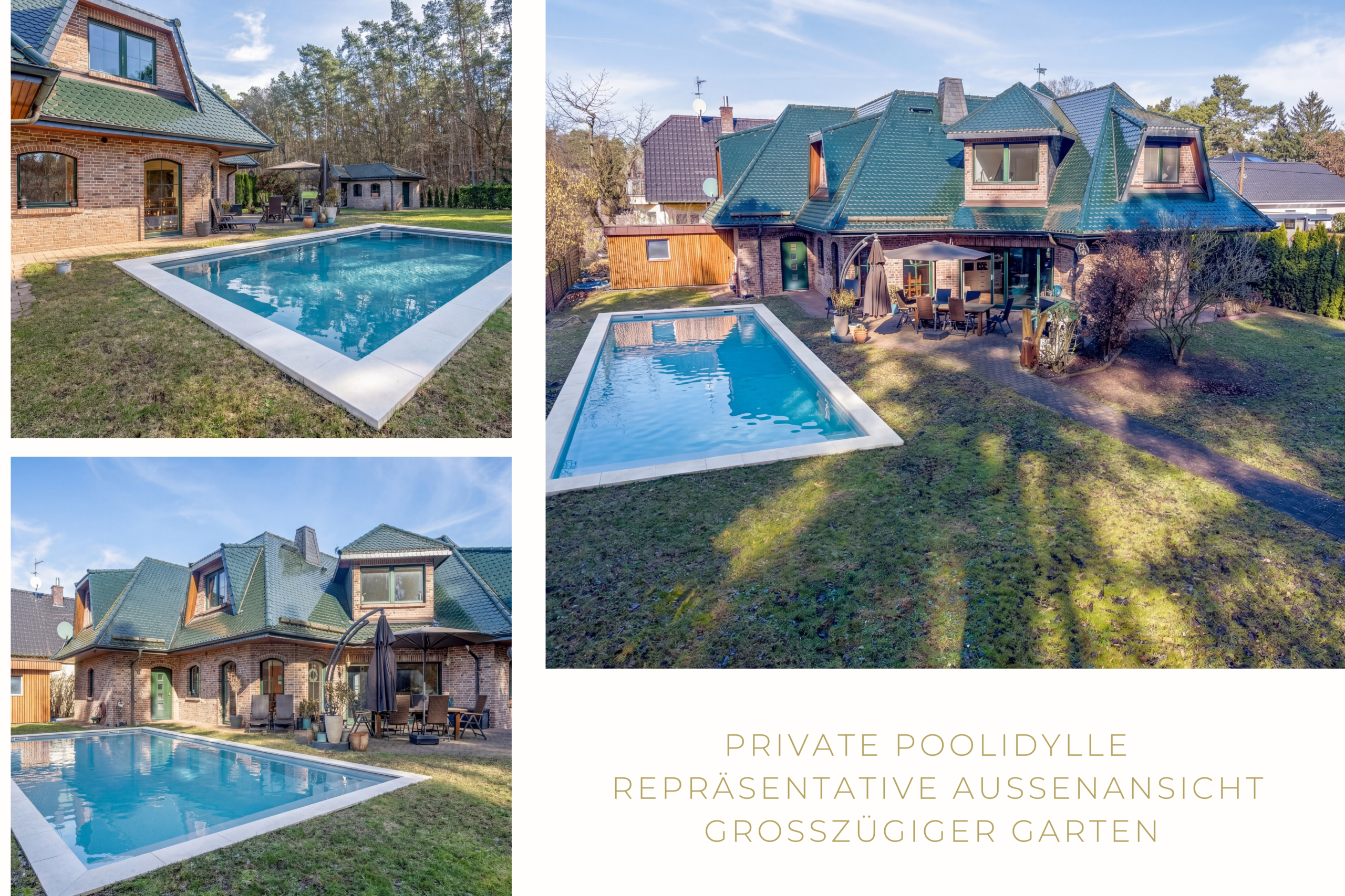 Einfamilienhaus mit privatem Pool und Garten in Bernau bei Berlin, Außenansicht in ruhiger grüner Lage